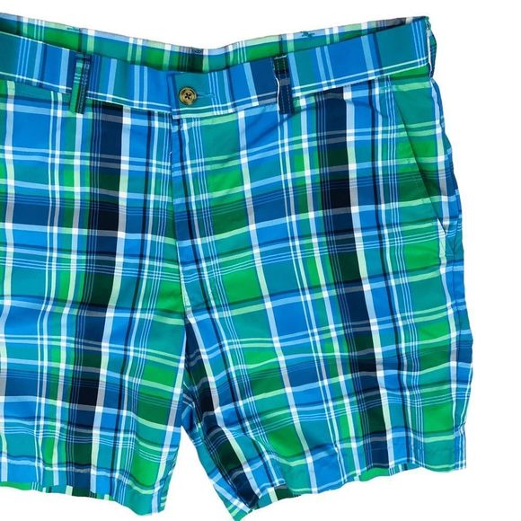 NWOT PGA Tour Golf Blue Green  Plaid Flat Front Quick Dry Men’s Short Sz 34 - Picture 2 of 9